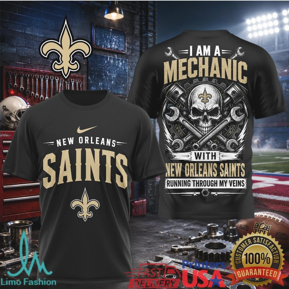 New Orleans Saints Mechanic Skull Pistons T Shirt - Limotees LLC