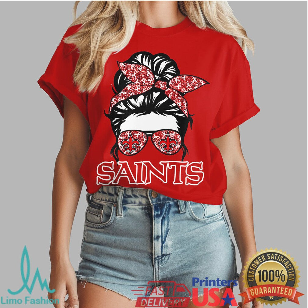 New Orleans Saints Messy Bun Heart Disease Awareness Faith Hope Love T Shirt - Limotees LLC