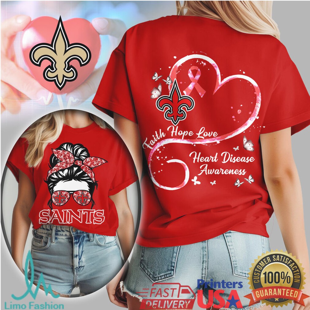 New Orleans Saints Messy Bun Heart Disease Awareness Faith Hope Love T Shirt - Limotees LLC