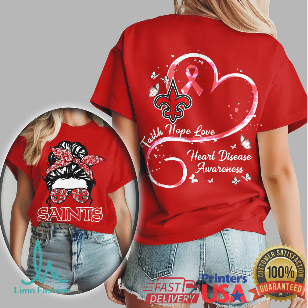 New Orleans Saints Messy Bun Heart Disease Awareness Faith Hope Love T Shirt - Limotees LLC