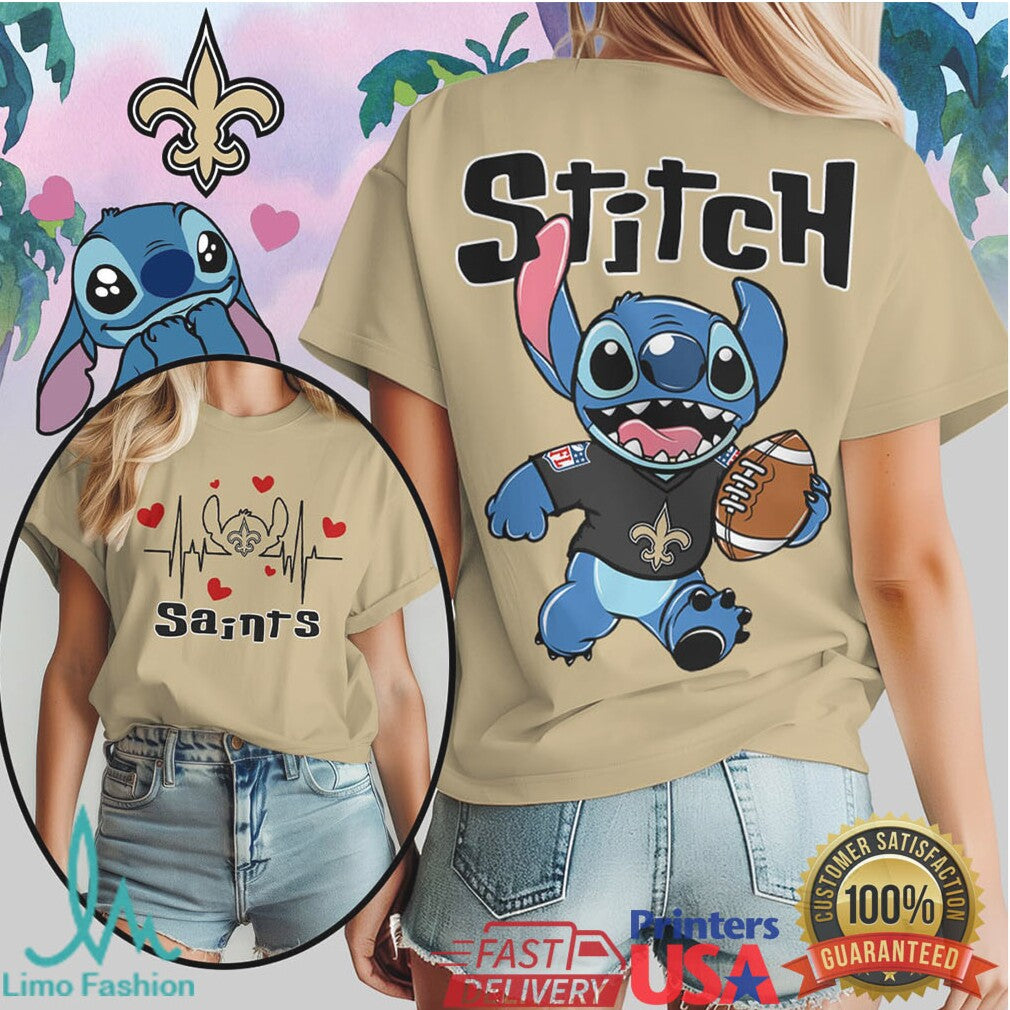 New Orleans Saints Stitch Football Heartbeat Graphic T Shirt - Limotees LLC