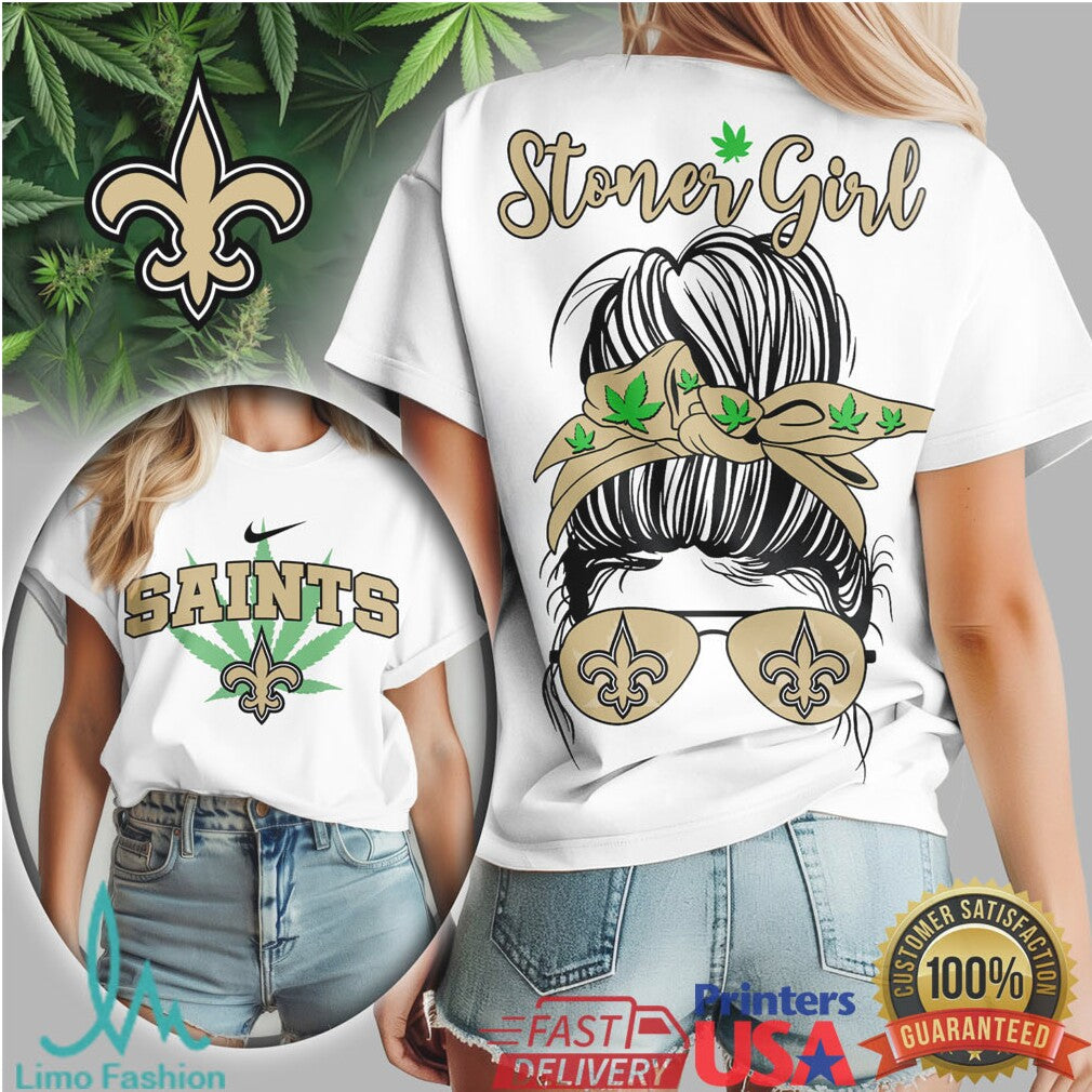 New Orleans Saints Stoner Girl Messy Bun Sunglasses Weed T Shirt - Limotees LLC