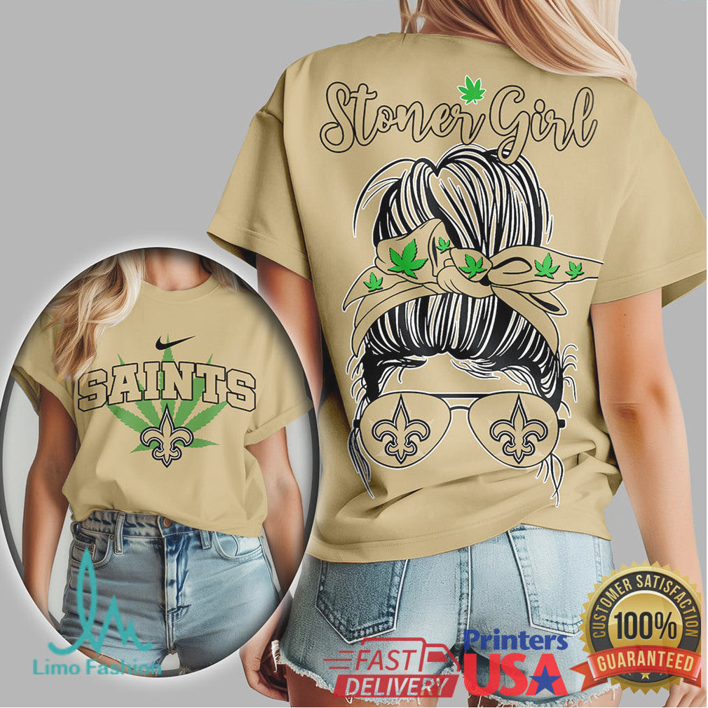 New Orleans Saints Stoner Girl Messy Bun Sunglasses Weed T Shirt - Limotees LLC