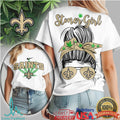 New Orleans Saints Stoner Girl T Shirt Messy Bun Bandana Design - Limotees LLC