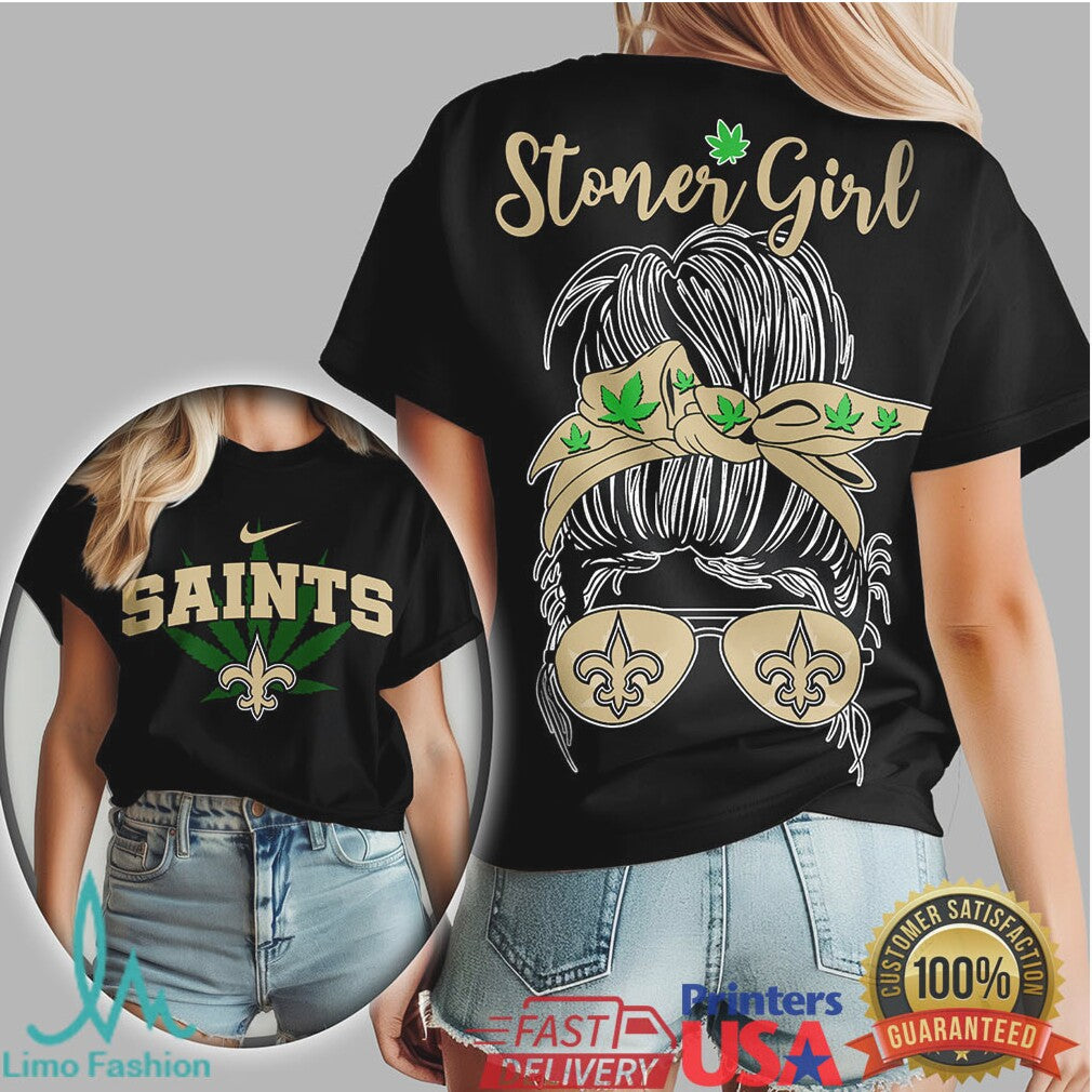 New Orleans Saints Stoner Girl T Shirt Messy Bun Bandana Design - Limotees LLC