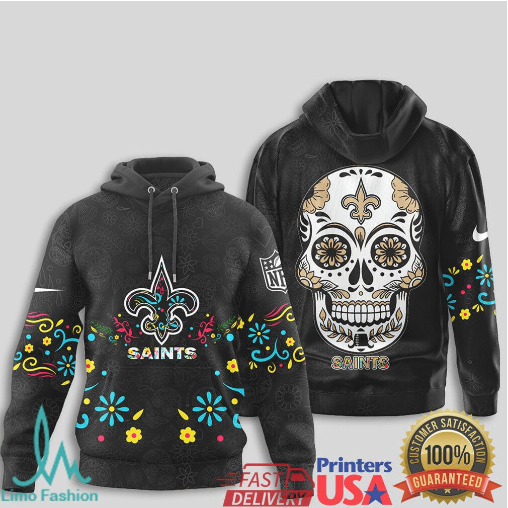 New Orleans Saints Sugar Skull Day of the Dead Floral NFL T Shirt - Limotees LLC