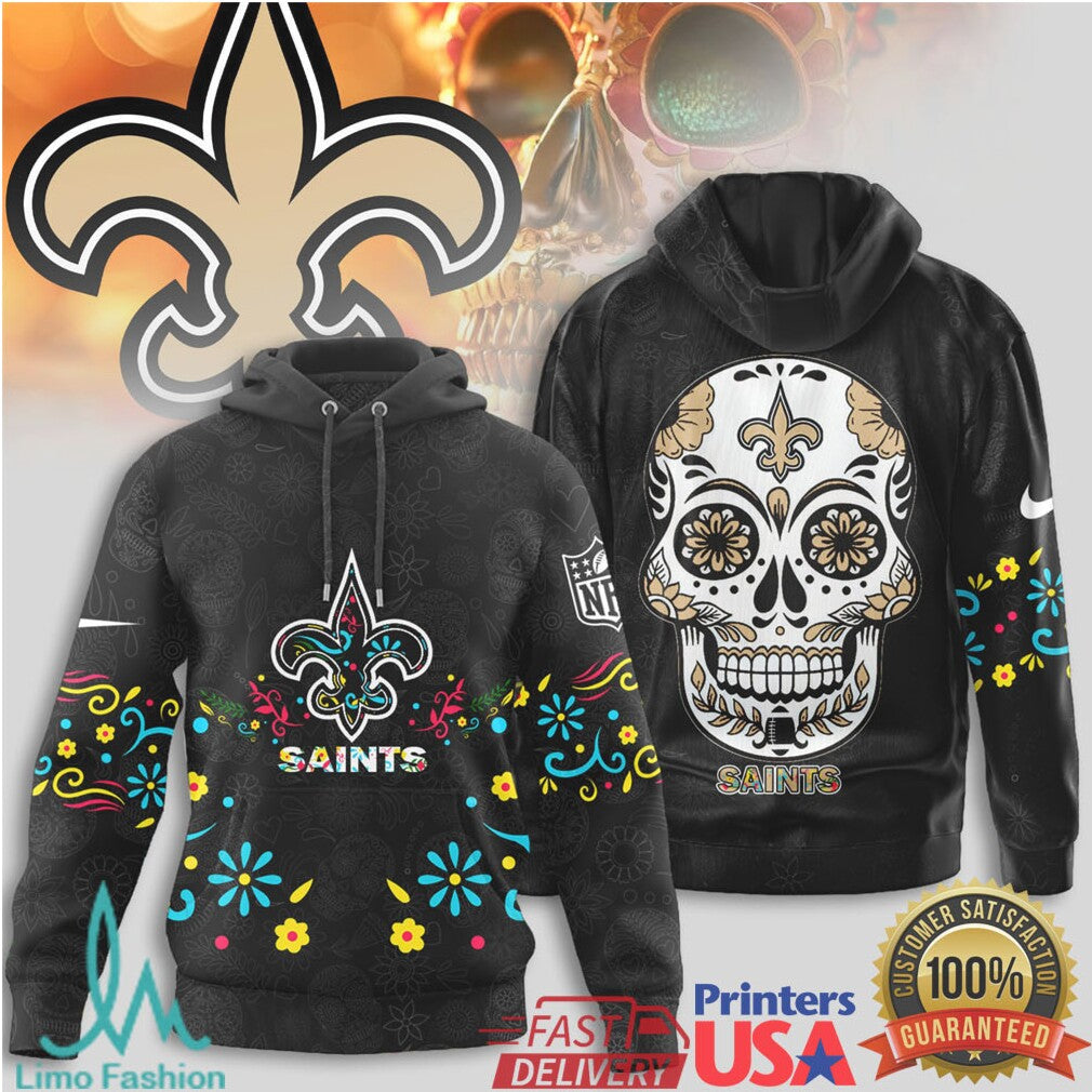 New Orleans Saints Sugar Skull Day of the Dead Floral NFL T Shirt - Limotees LLC