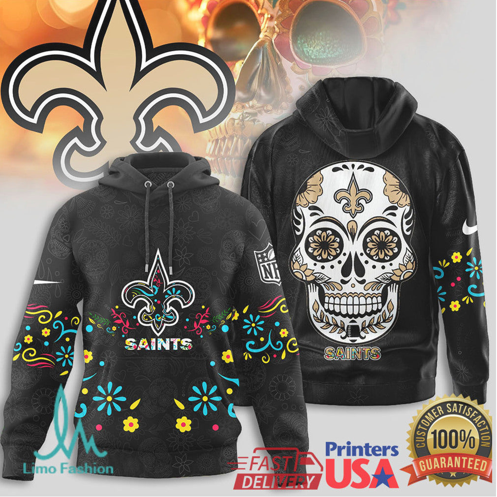 New Orleans Saints Sugar Skull Day of the Dead Floral NFL T Shirt - Limotees LLC