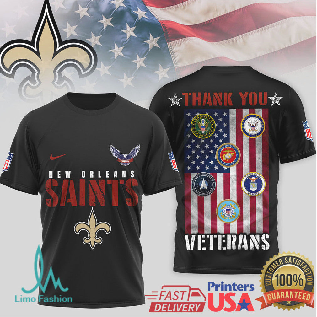 New Orleans Saints Thank You Veterans Military Appreciation Black T Shirt - Limotees LLC