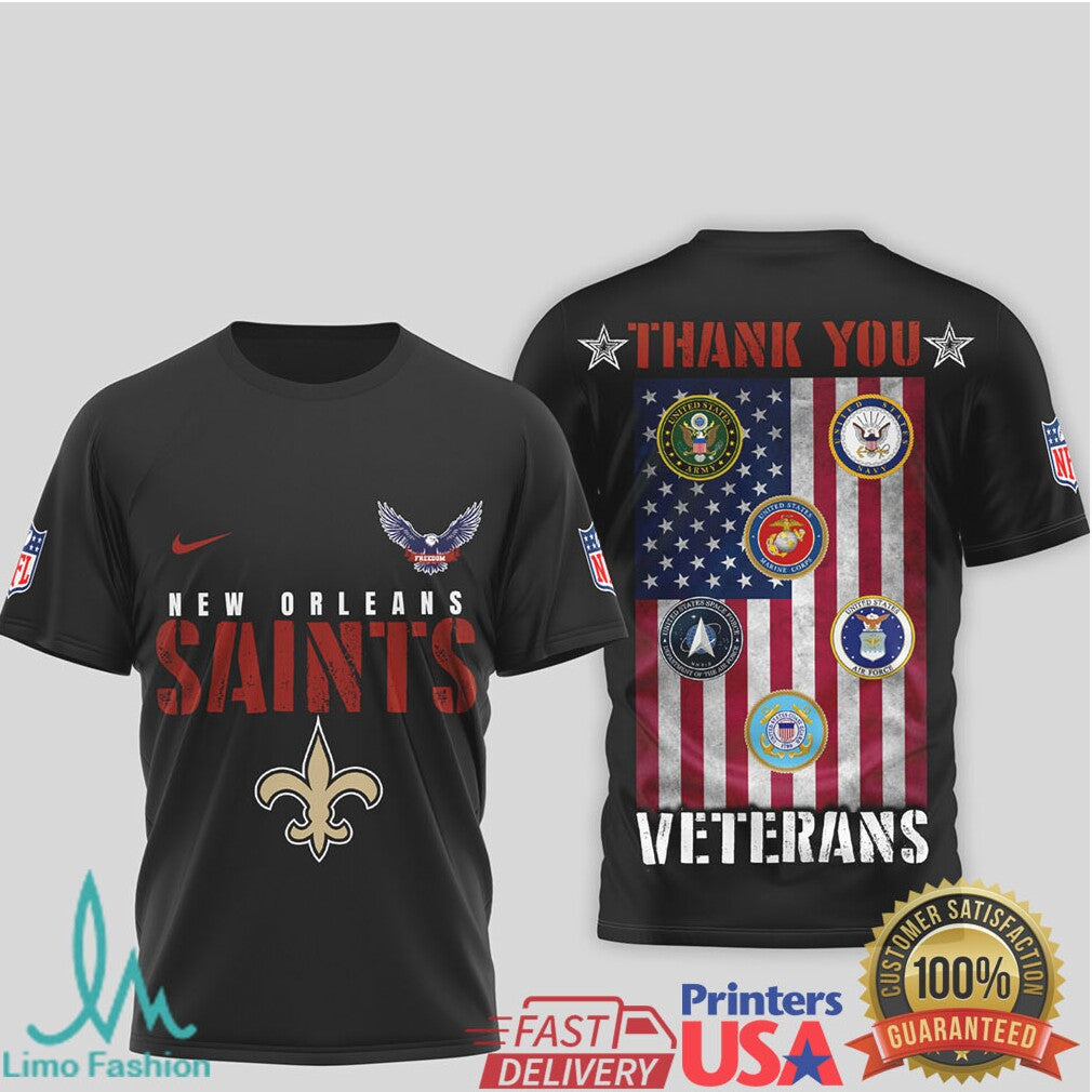 New Orleans Saints Thank You Veterans Military Appreciation Black T Shirt - Limotees LLC