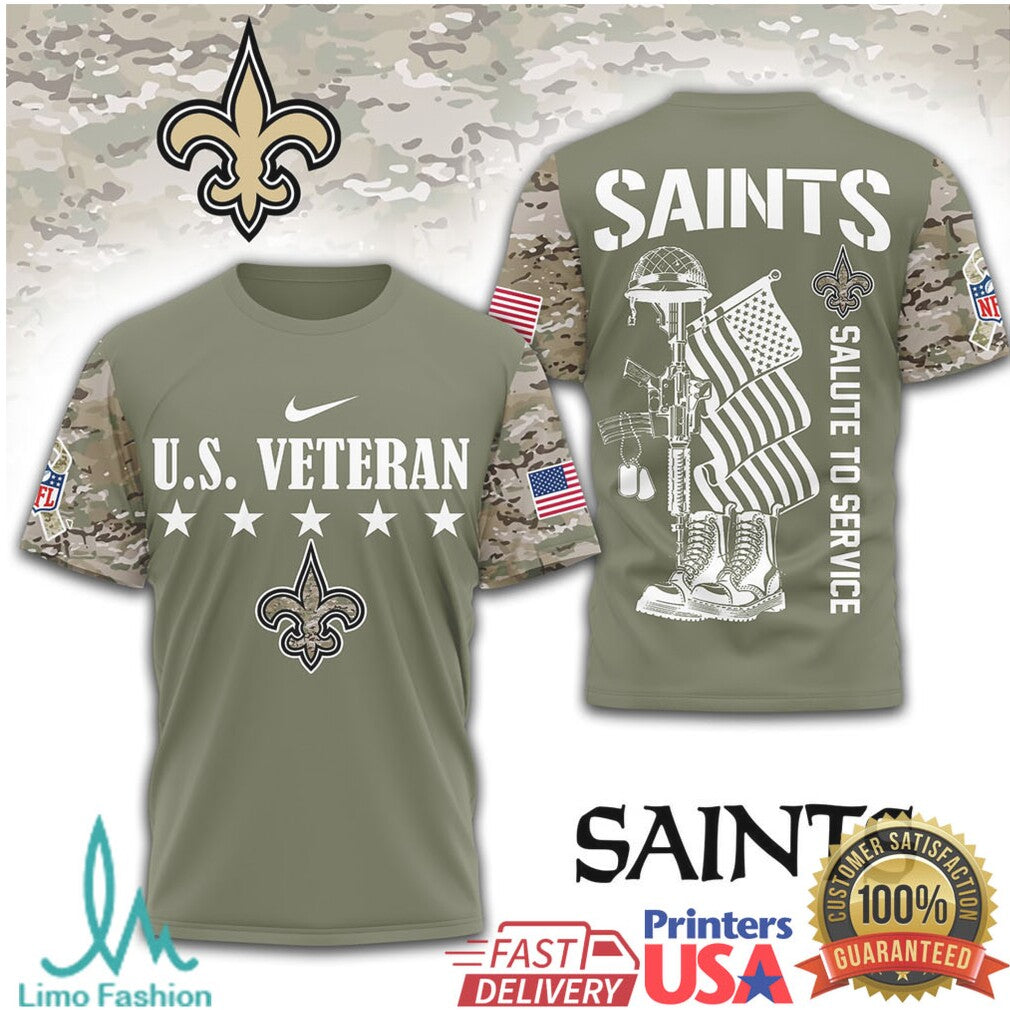 New Orleans Saints U.S. Veteran Salute To Service Olive Camo T Shirt - Limotees LLC