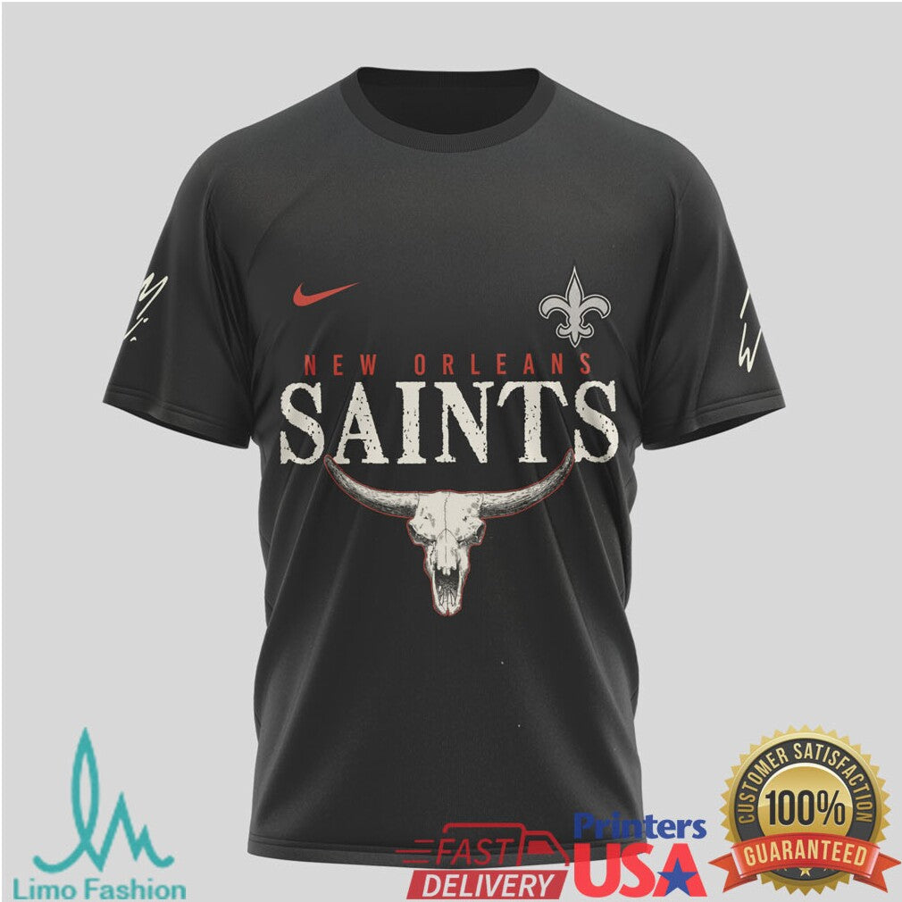 New Orleans Saints Western Cow Skull Flag Graphic T Shirt - Limotees LLC