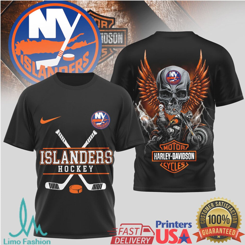 New York Islanders x Harley Davidson Skull Biker NHL Hockey T Shirt - Limotees LLC