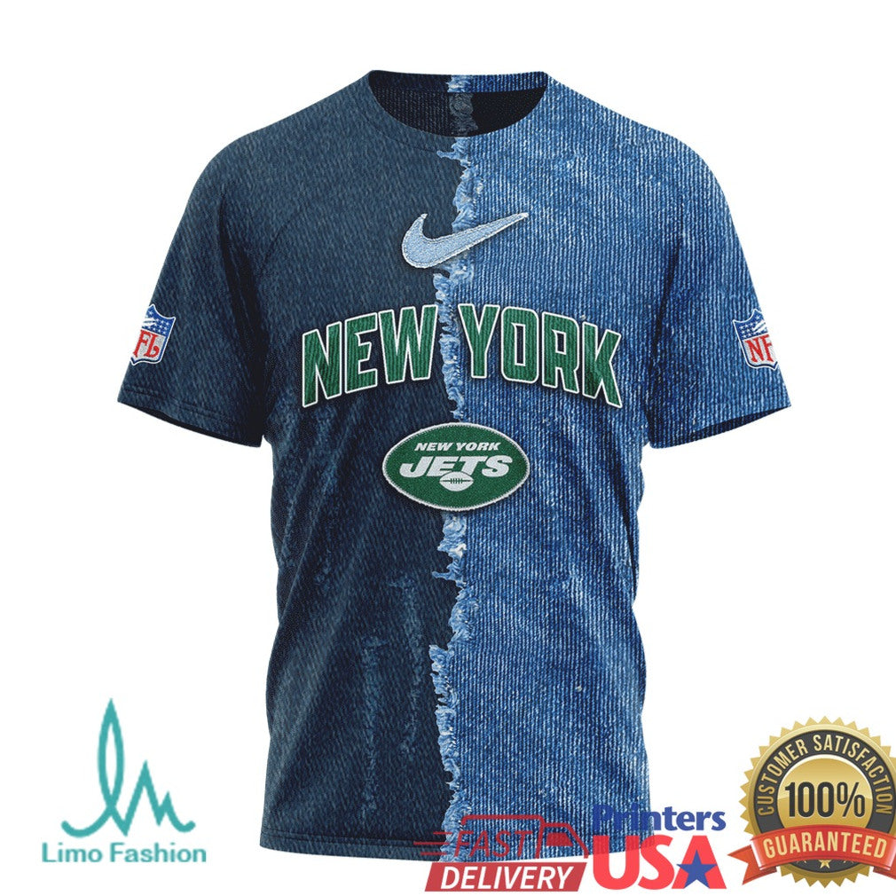 New York Jets Custom Name & Number Ripped Denim Style 3D NFL T Shirt - Limotees LLC