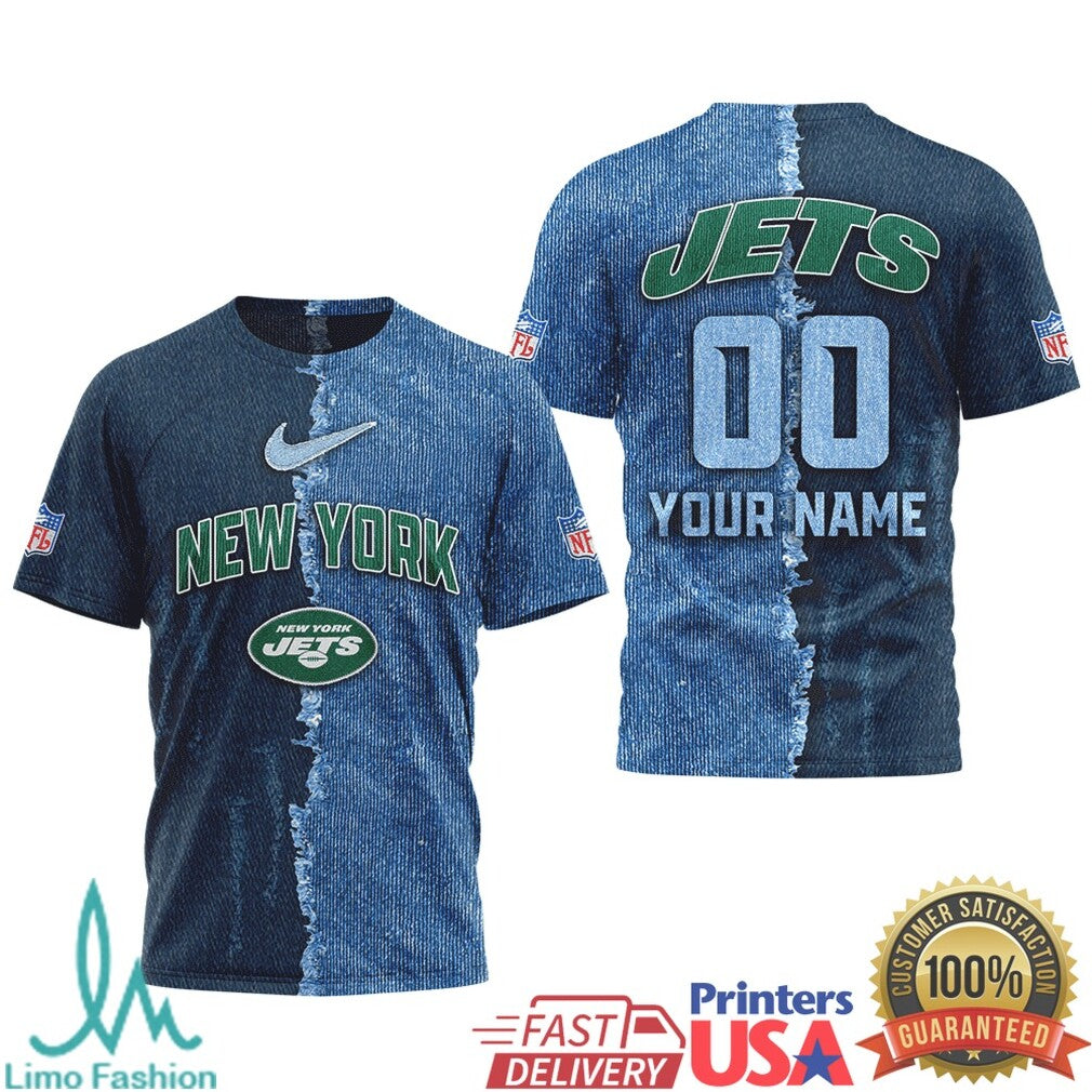 New York Jets Custom Name & Number Ripped Denim Style 3D NFL T Shirt - Limotees LLC