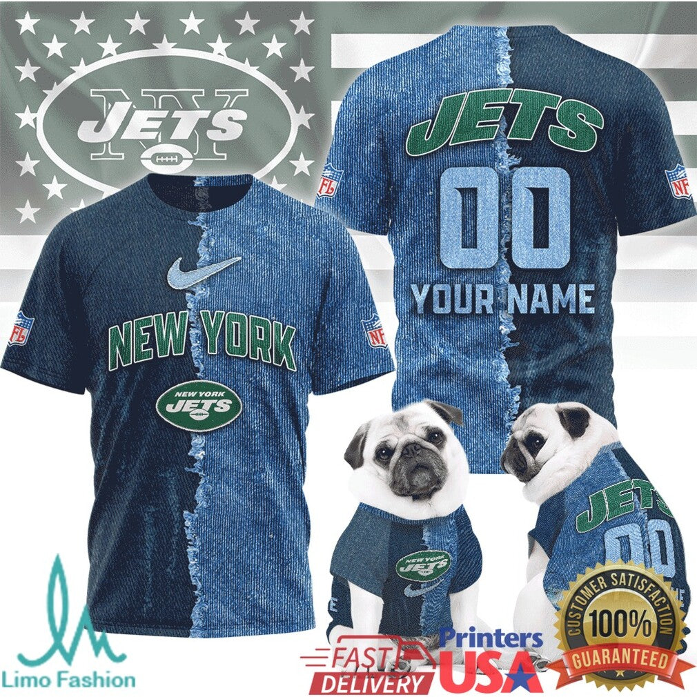 New York Jets Custom Name & Number Ripped Denim Style 3D NFL T Shirt - Limotees LLC