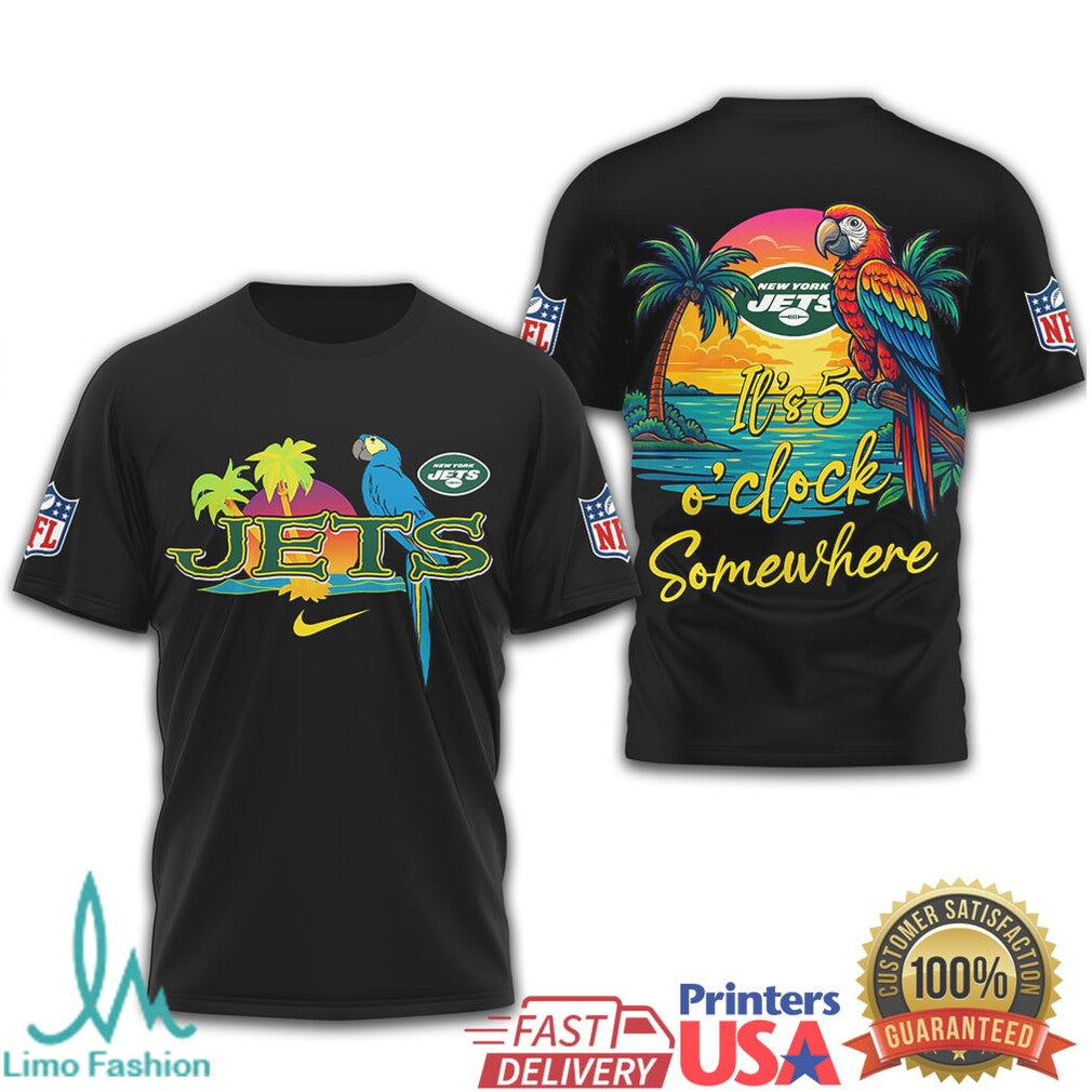 New York Jets Margaritaville Sunset Tropical Parrot Fan T Shirt - Limotees LLC