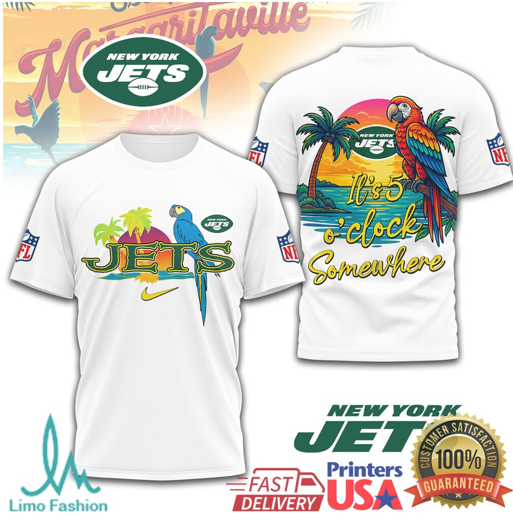 New York Jets Margaritaville Sunset Tropical Parrot Fan T Shirt - Limotees LLC