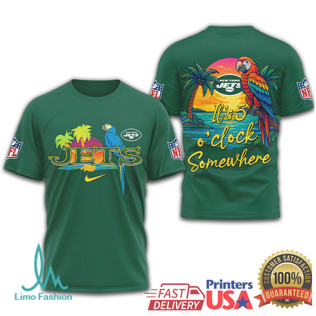 New York Jets Margaritaville Sunset Tropical Parrot Fan T Shirt - Limotees LLC