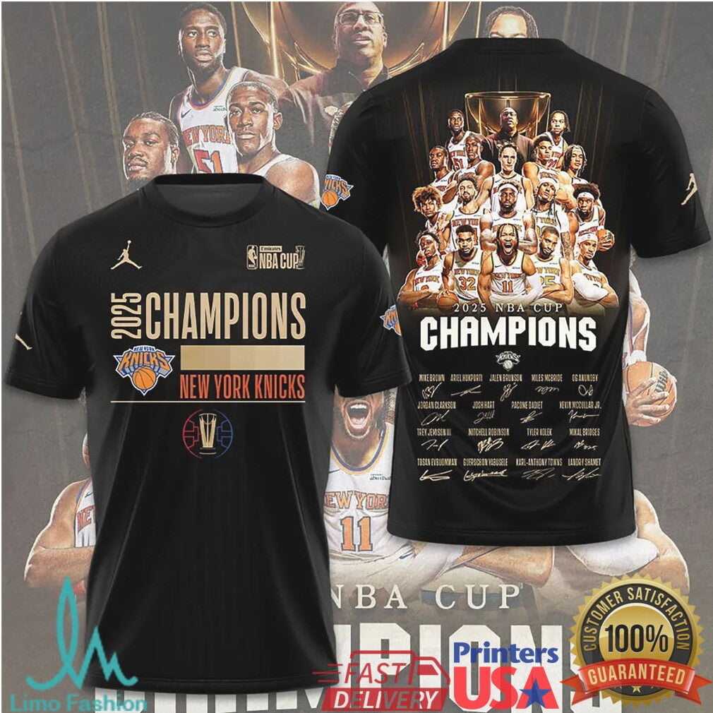 New York Knicks 2025 NBA Cup Champions Gold Trophy Team Photo T Shirt - Limotees LLC
