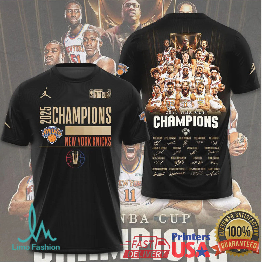 New York Knicks 2025 NBA Cup Champions Gold Trophy Team Photo T Shirt - Limotees LLC