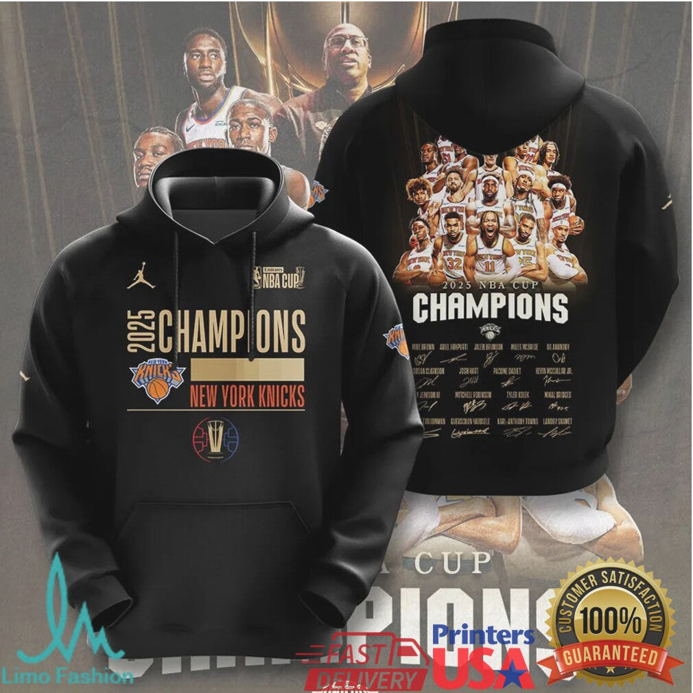 New York Knicks 2025 NBA Cup Champions Gold Trophy Team Photo T Shirt - Limotees LLC