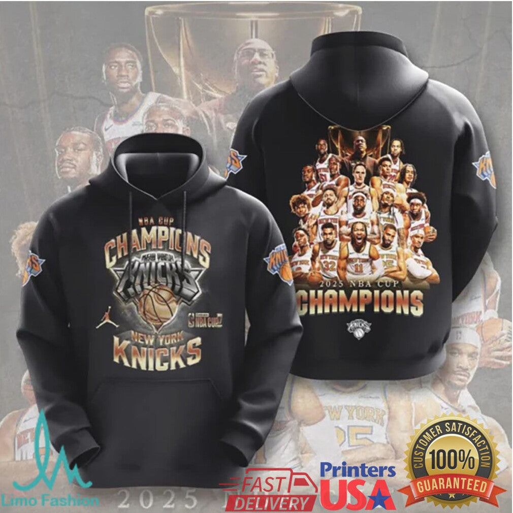 New York Knicks 2025 NBA Cup Champions Offical Gold Trophy Pullover T Shirt - Limotees LLC