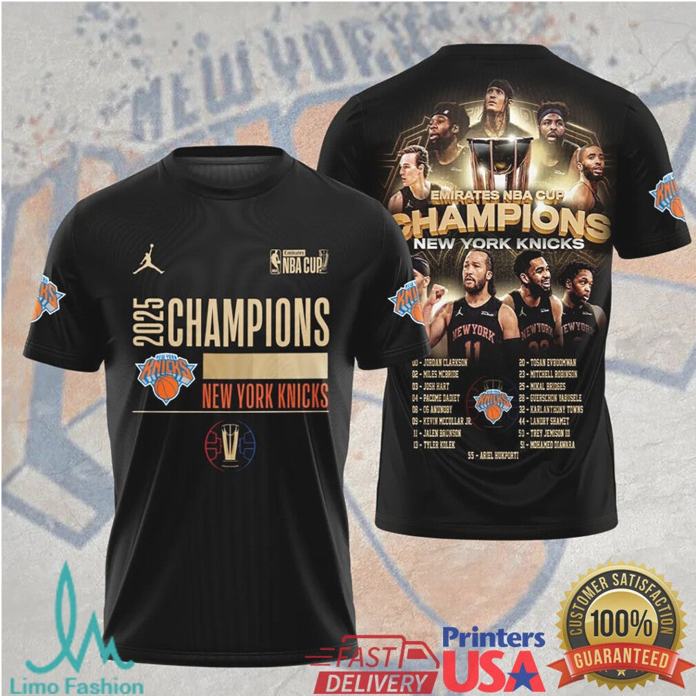 New York Knicks 2025 NBA Cup Champions Official Team Roster & Logo T Shirt - Limotees LLC