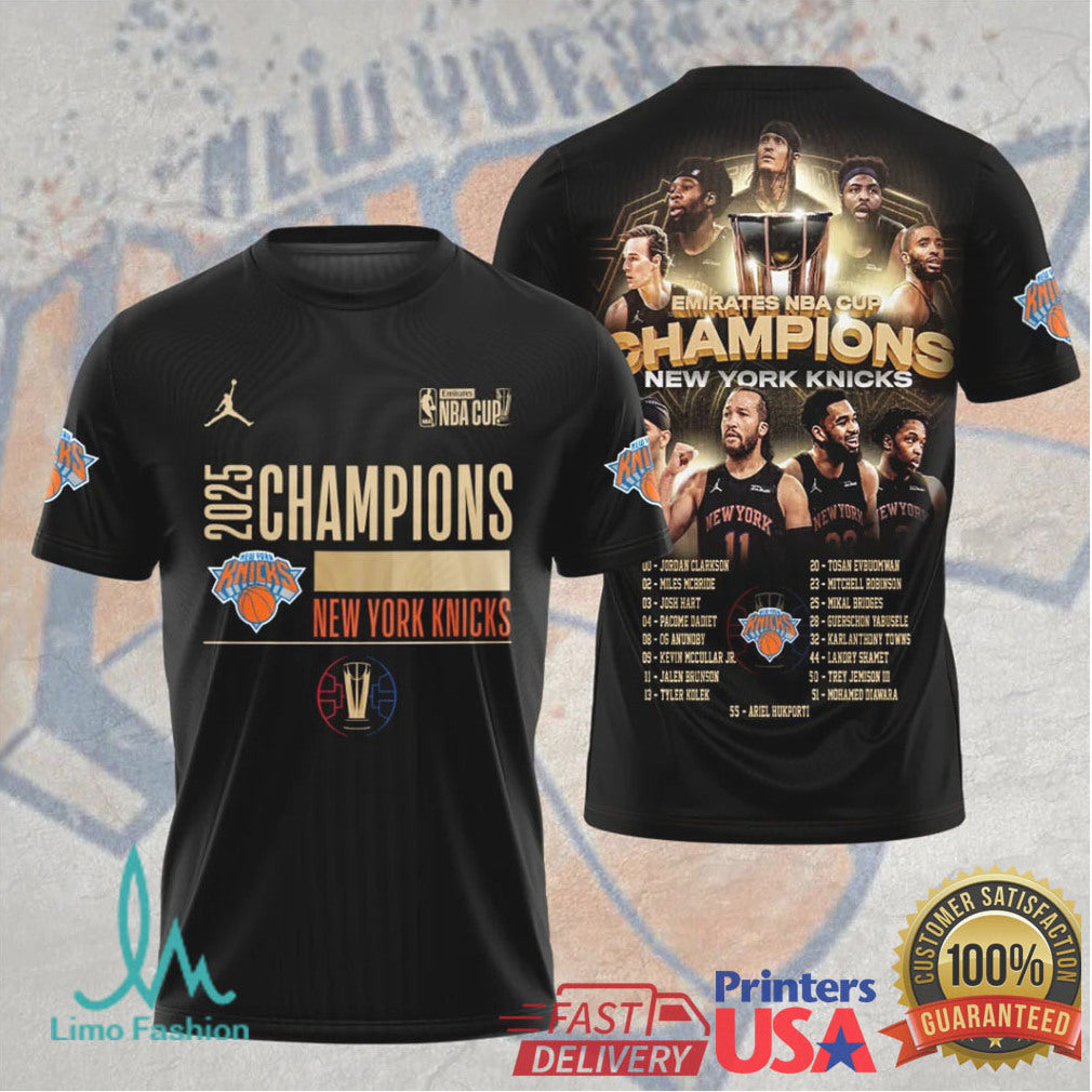 New York Knicks 2025 NBA Cup Champions Official Team Roster & Logo T Shirt - Limotees LLC