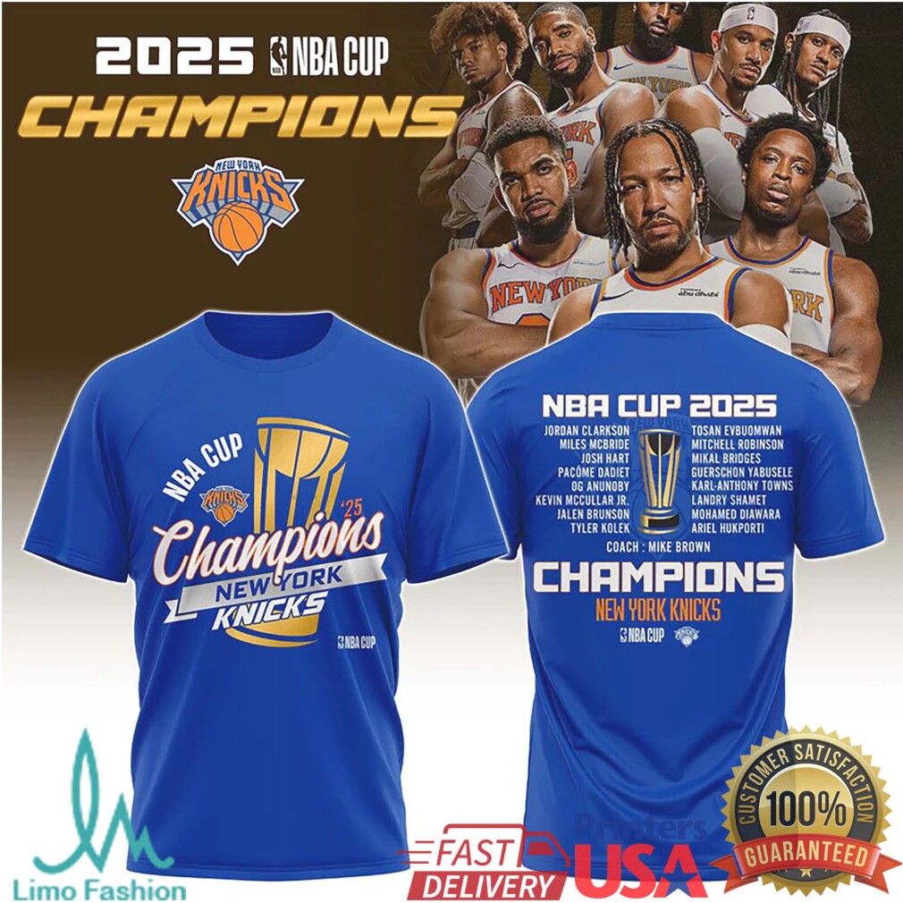 New York Knicks 2025 NBA Cup Champions Royal Blue Team Roster T Shirt - Limotees LLC