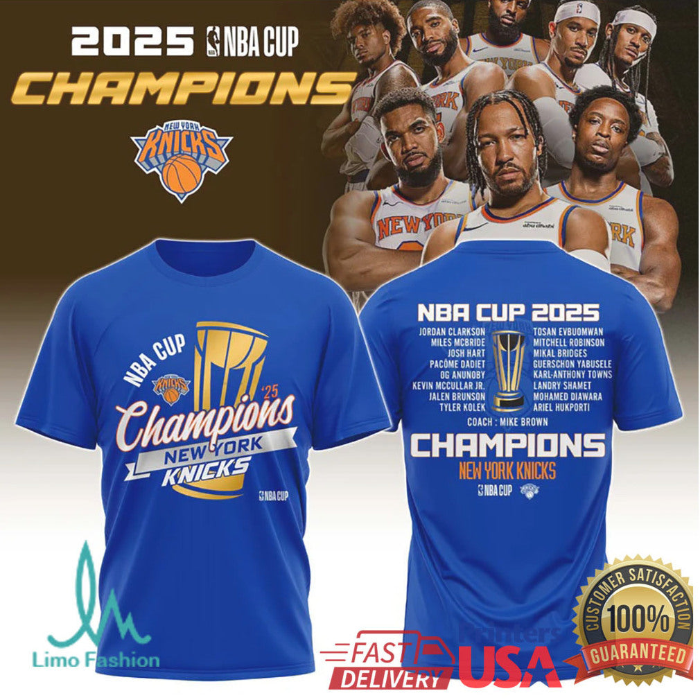 New York Knicks 2025 NBA Cup Champions Royal Blue Team Roster T Shirt - Limotees LLC