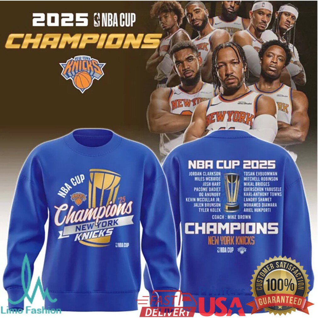 New York Knicks 2025 NBA Cup Champions Royal Blue Team Roster T Shirt - Limotees LLC