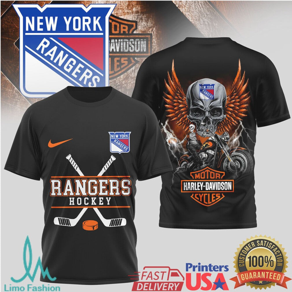 New York Rangers Hockey x Harley Davidson Skull Wing Biker T Shirt - Limotees LLC