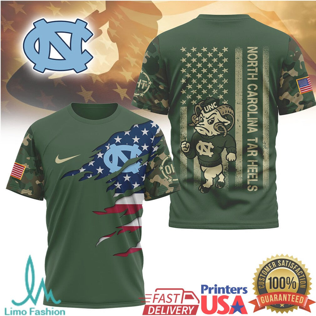 North Carolina Tar Heels Military Camo USA Flag Mascot T Shirt - Limotees LLC