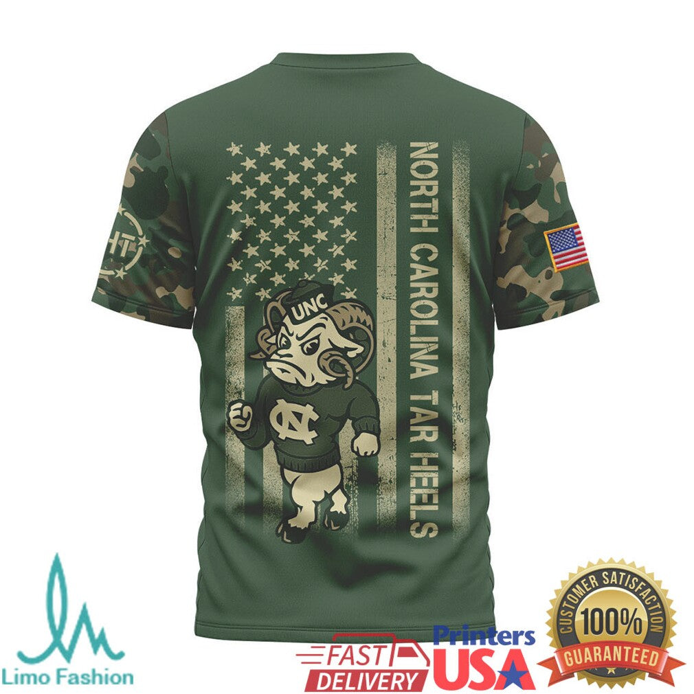North Carolina Tar Heels Military Camo USA Flag Mascot T Shirt - Limotees LLC