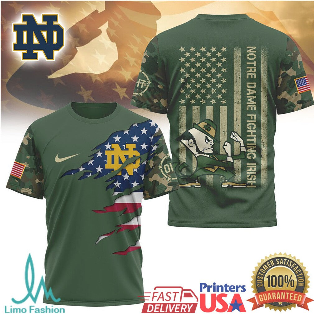 Notre Dame Fighting Irish Patriotic Camo T Shirt Leprechaun Mascot American Flag T Shirt