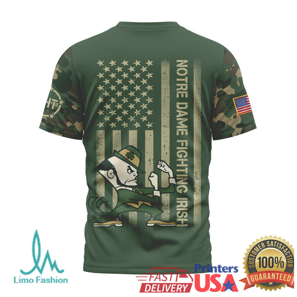 Notre Dame Fighting Irish Patriotic Camo T Shirt Leprechaun Mascot American Flag T Shirt