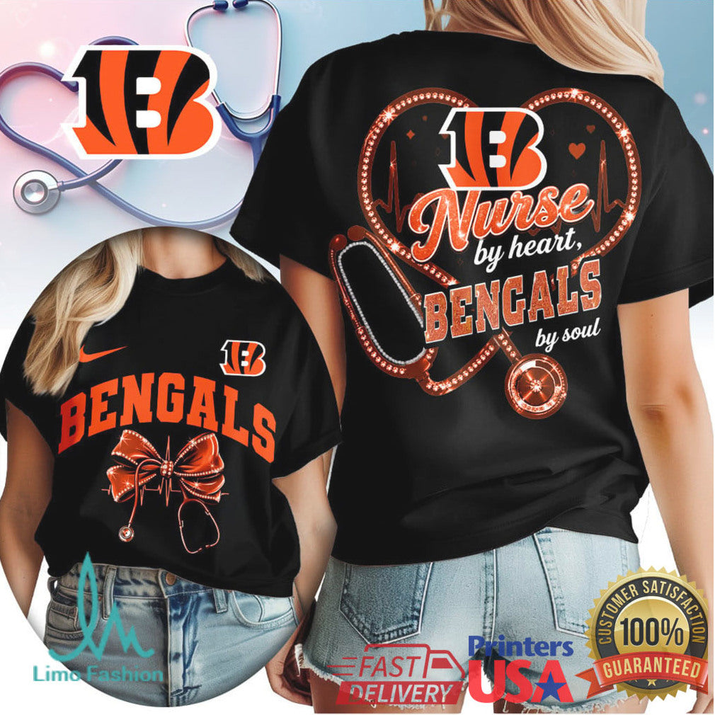 Nurse By Heart Bengals By Soul Stethoscope Football Fan T Shirt - Limotees LLC