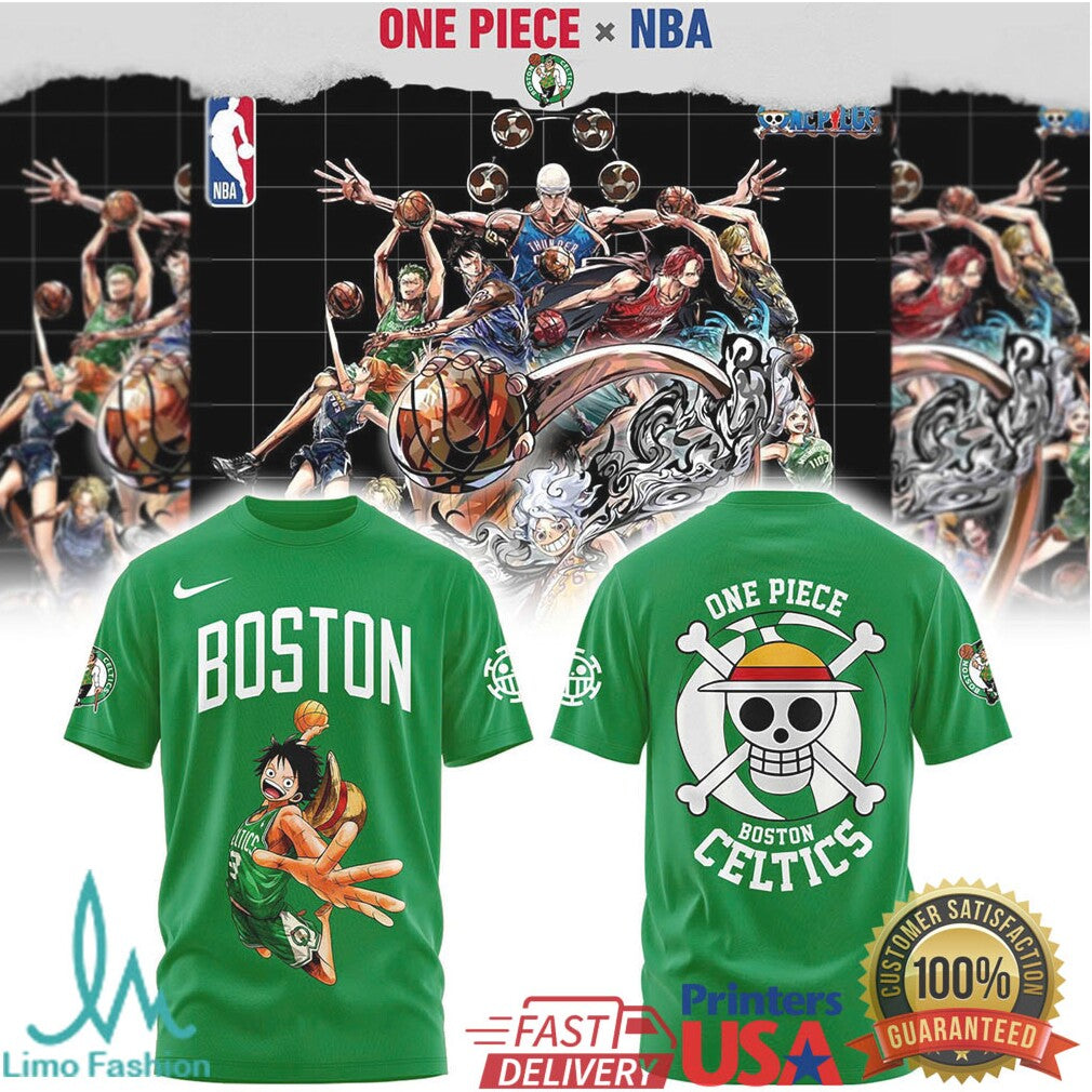 One Piece x NBA Boston Celtics Luffy Gear 5 Slam Dunk T Shirt - Limotees LLC