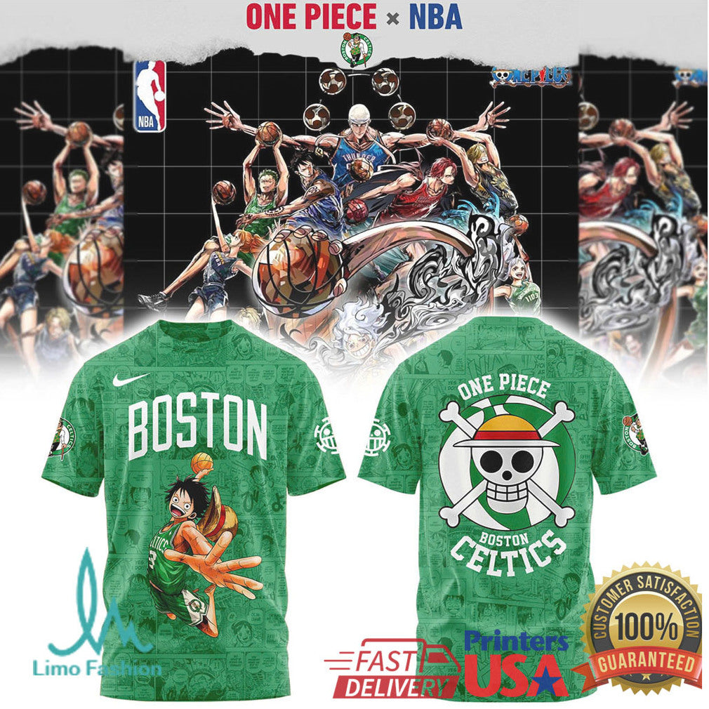 One Piece x NBA Boston Celtics Monkey D. Luffy Manga Panel Print T Shirt - Limotees LLC