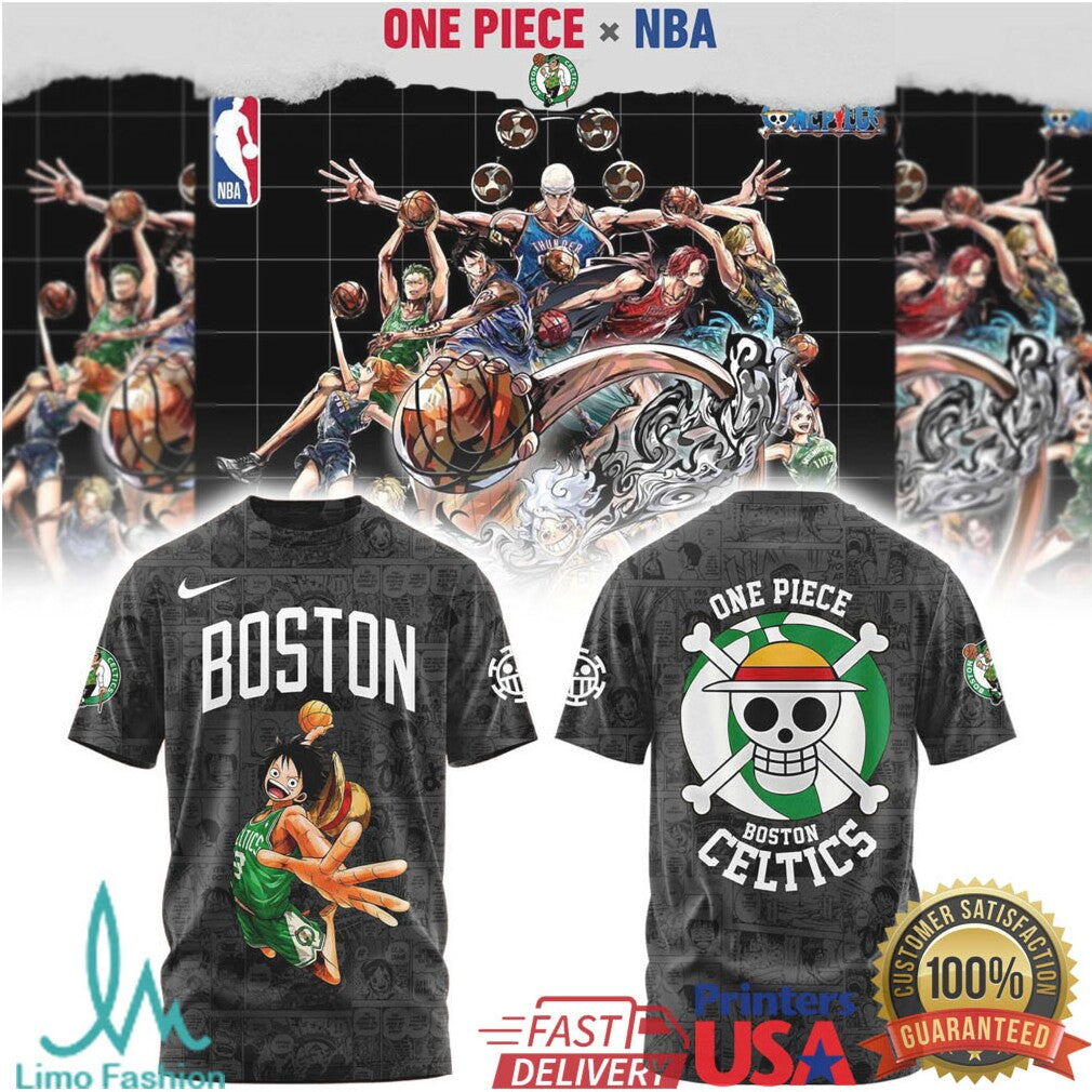 One Piece x NBA Boston Celtics Monkey D. Luffy Manga Panel Print T Shirt - Limotees LLC