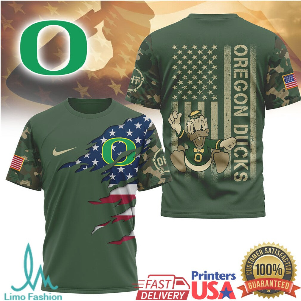Oregon Ducks Camo Military Style American Flag Mascot T Shirt - Limotees LLC