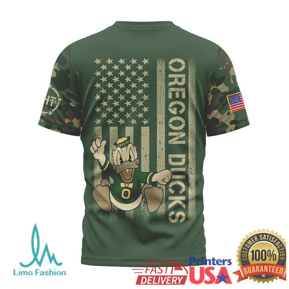 Oregon Ducks Camo Military Style American Flag Mascot T Shirt - Limotees LLC