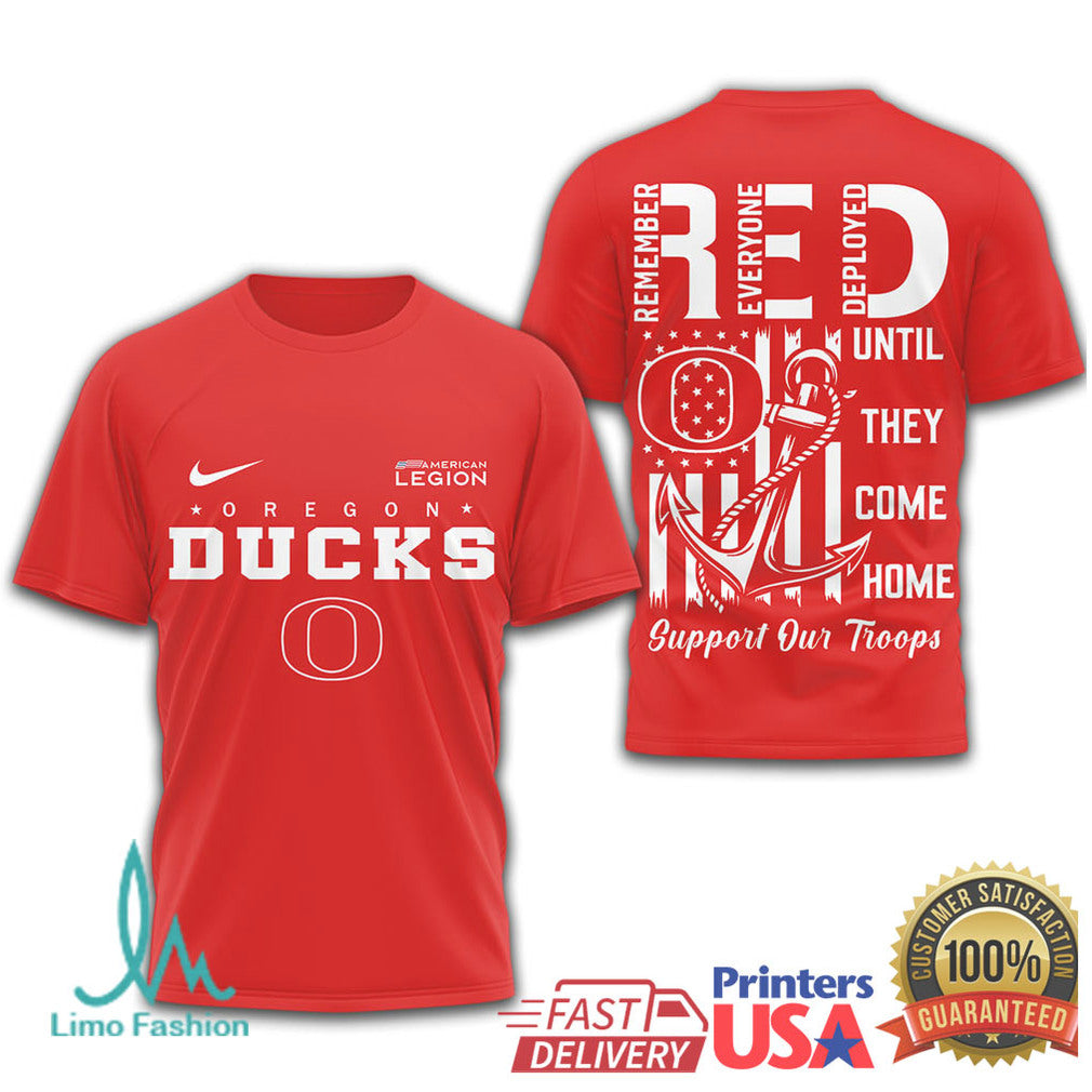 Oregon Ducks RED Military Support Shirt Remember Everyone Deployed T Shirt - Limotees LLC