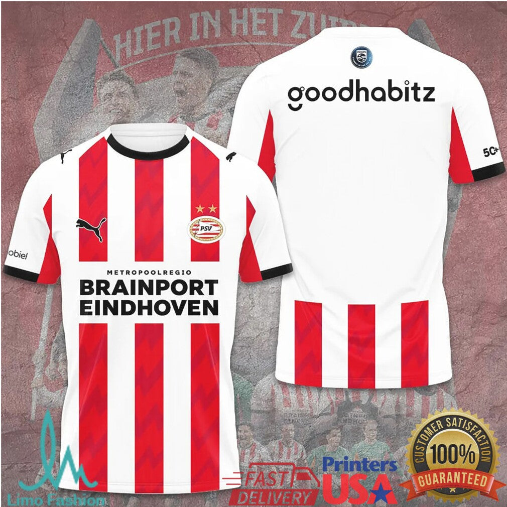 PSV Eindhoven 2024 Official Team Kit Style White Red Football Soccer Fans T Shirt