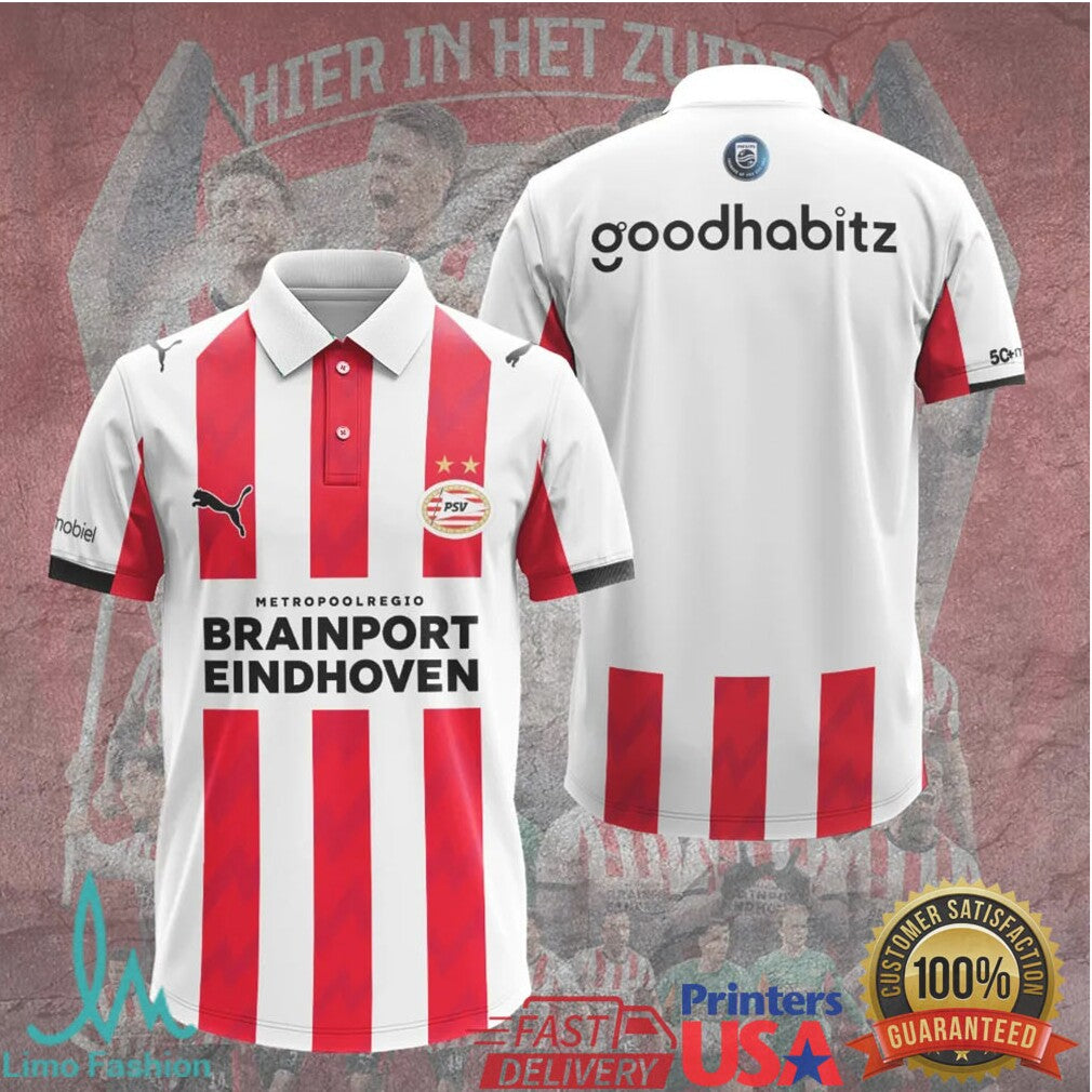 PSV Eindhoven 2024 Official Team Kit Style White Red Football Soccer Fans T Shirt