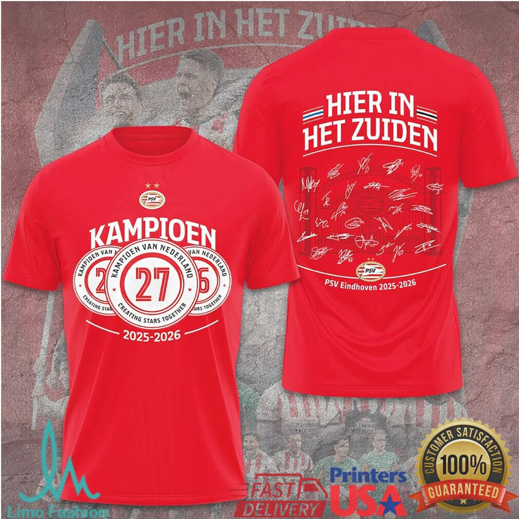 PSV Eindhoven Kampioen Van Nederland 2024 Red Commemorative Signature Trophy Fans T Shirt - Limotees LLC