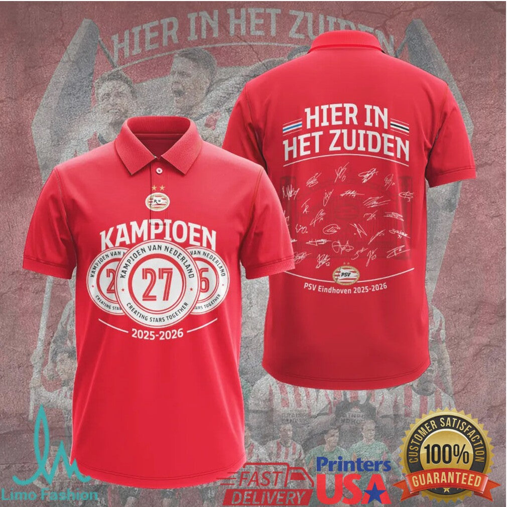 PSV Eindhoven Kampioen Van Nederland 2024 Red Commemorative Signature Trophy Fans T Shirt - Limotees LLC