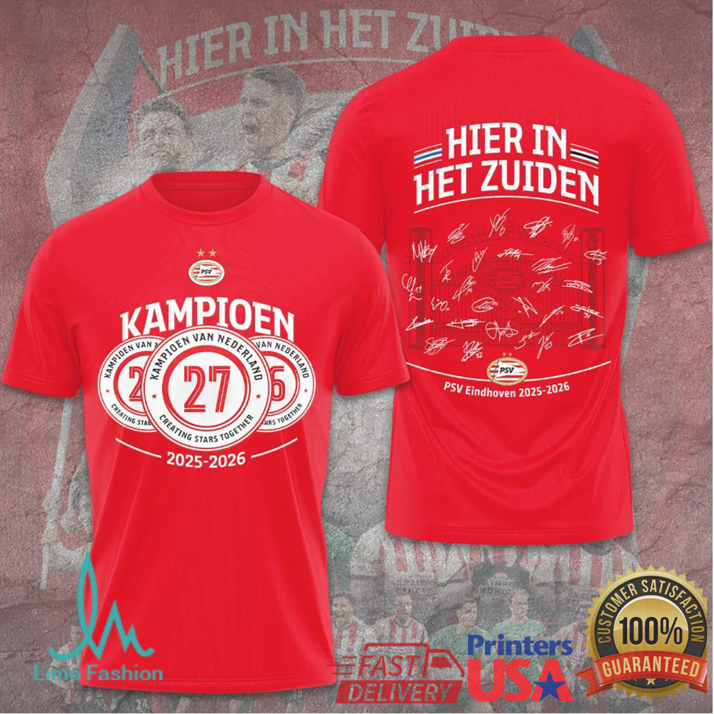 PSV Eindhoven Kampioen Van Nederland 2024 Red Commemorative Signature Trophy Fans T Shirt - Limotees LLC