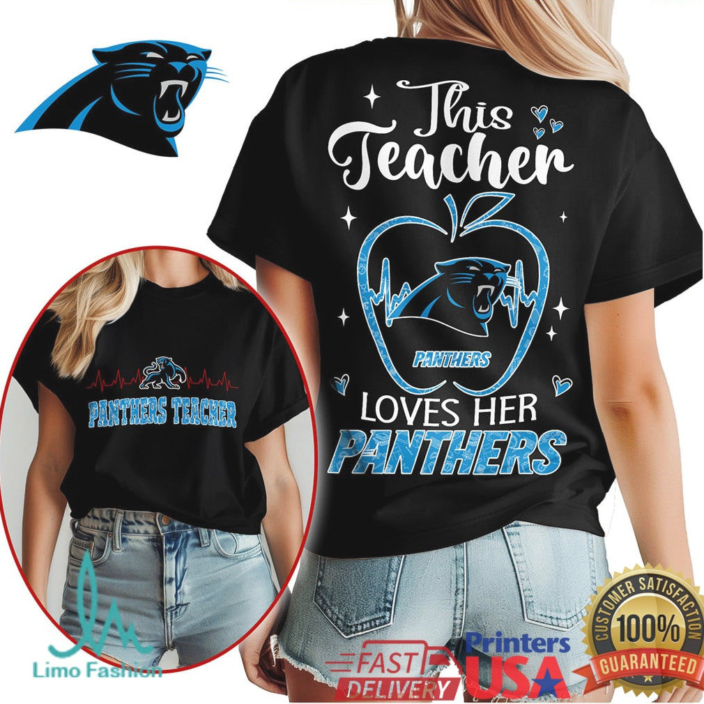 Panthers This Teacher Loves Her Panthers Apple Heartbeat T Shirt - Limotees LLC
